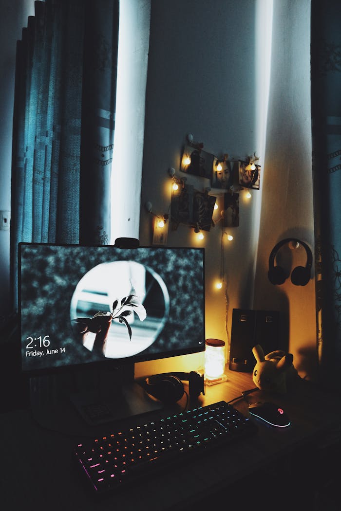 A cozy computer workspace with ambient lighting and decor for a relaxing atmosphere.